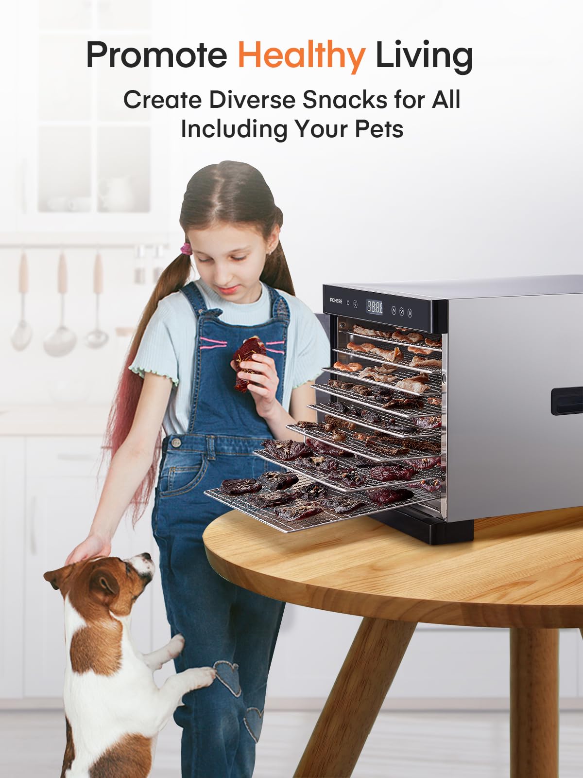 FOHERE 800W Food Dehydrator Machine with 8 Stainless Steel Trays, 8.01ft² Drying Space, 176°F Temperature Control & 48H Timer for Jerky, Meat, Fruit, Herbs, Yogurt, Dog Treats – Recipe Book