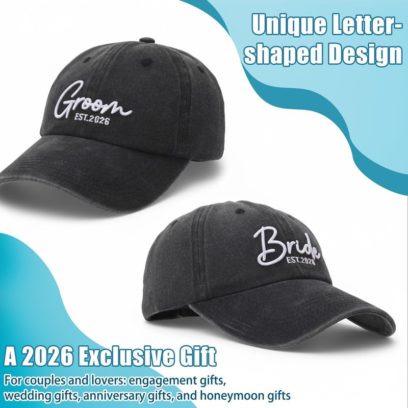 Zhamate Bride and Groom Hats for Wedding Gifts 2026 Adjustable Embroidered Engagement Honeymoon Newlyweds Baseball Caps for Couples Honeymoon Anniversary Black