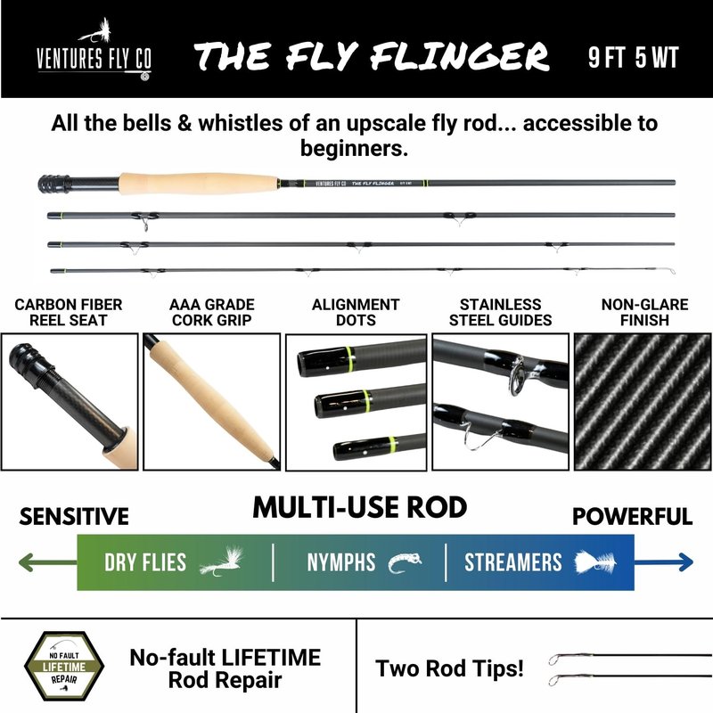 Ventures Fly Co. | Weekend Warrior Starter Package | 23 Fly Fishing Accessories Complete Combo | Includes Rod, Reel, Line, Flies, Leader, Tippet, Forceps, Nipper, Net, Sling Pack, and More!