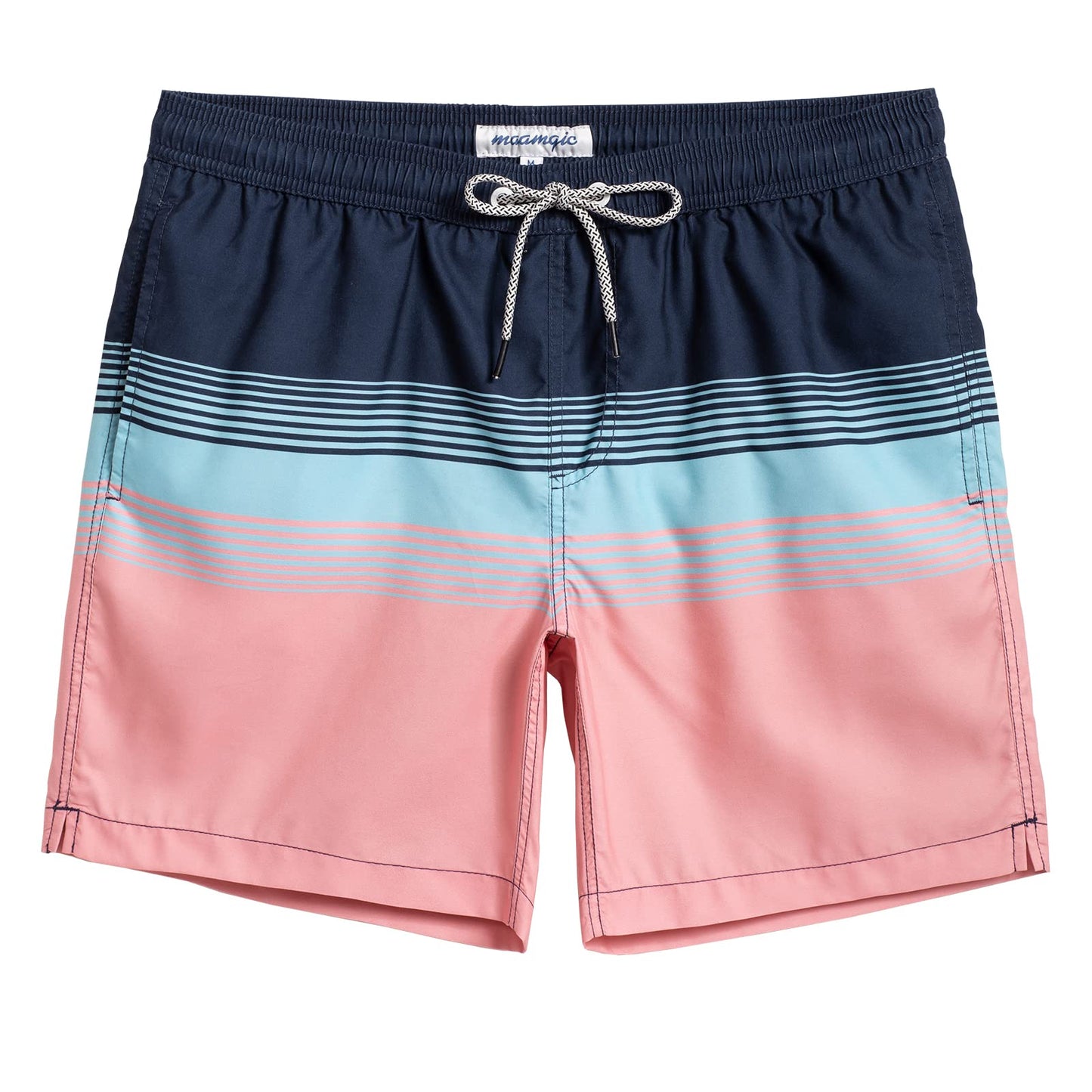 maamgic Mens Swim Trunks Quick Dry Swim Shorts with Mesh Lining Funny Swimwear Bathing Suits 7inch Blue Pink Striped Horizontal Small