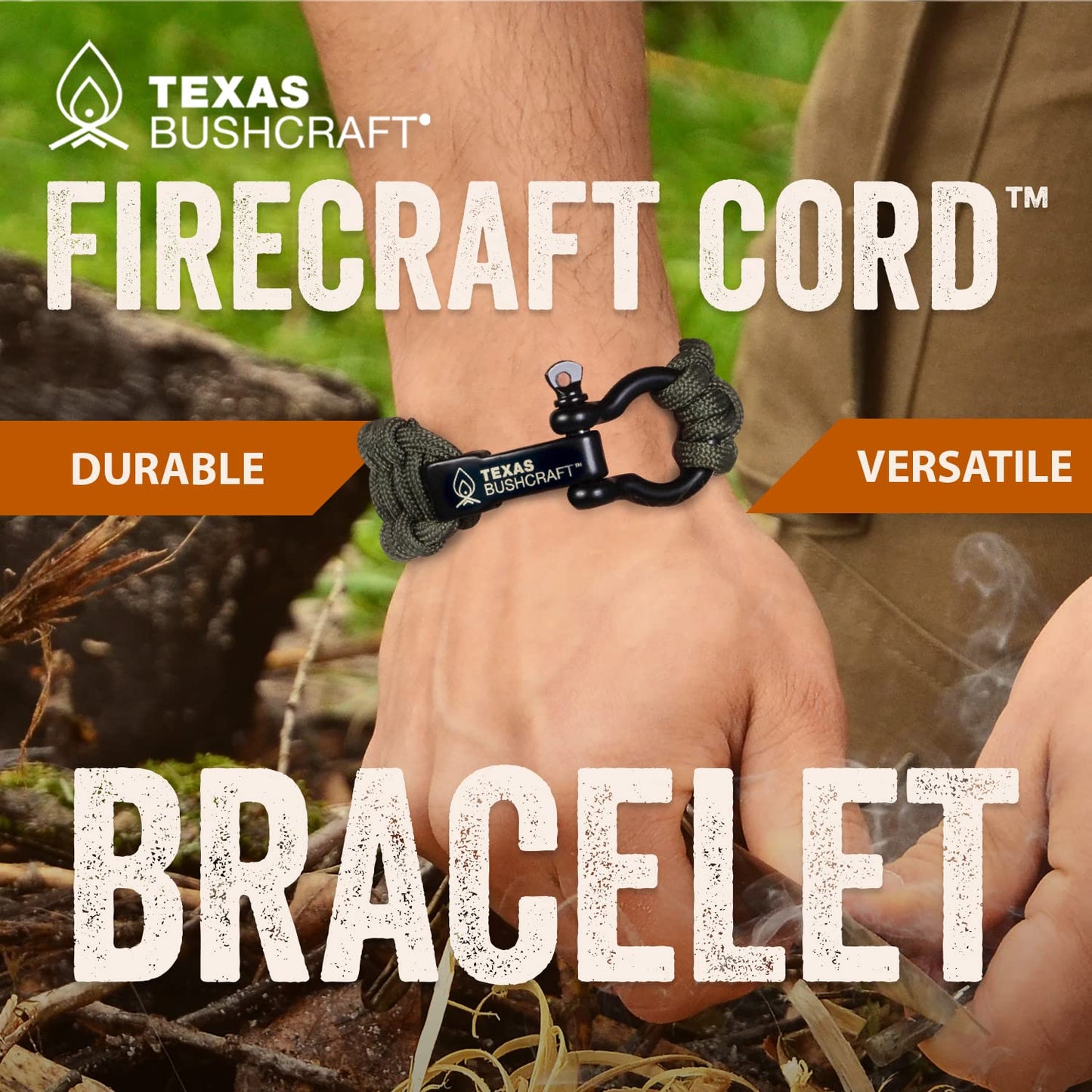 Texas Bushcraft Firecraft Cord Survival Bracelet – Paracord Bracelet with Bow Shackle for Camping and Emergency – 3 Extra Strands Include Wax Thread, Tinder, and Fishing Line (Army Green, L)