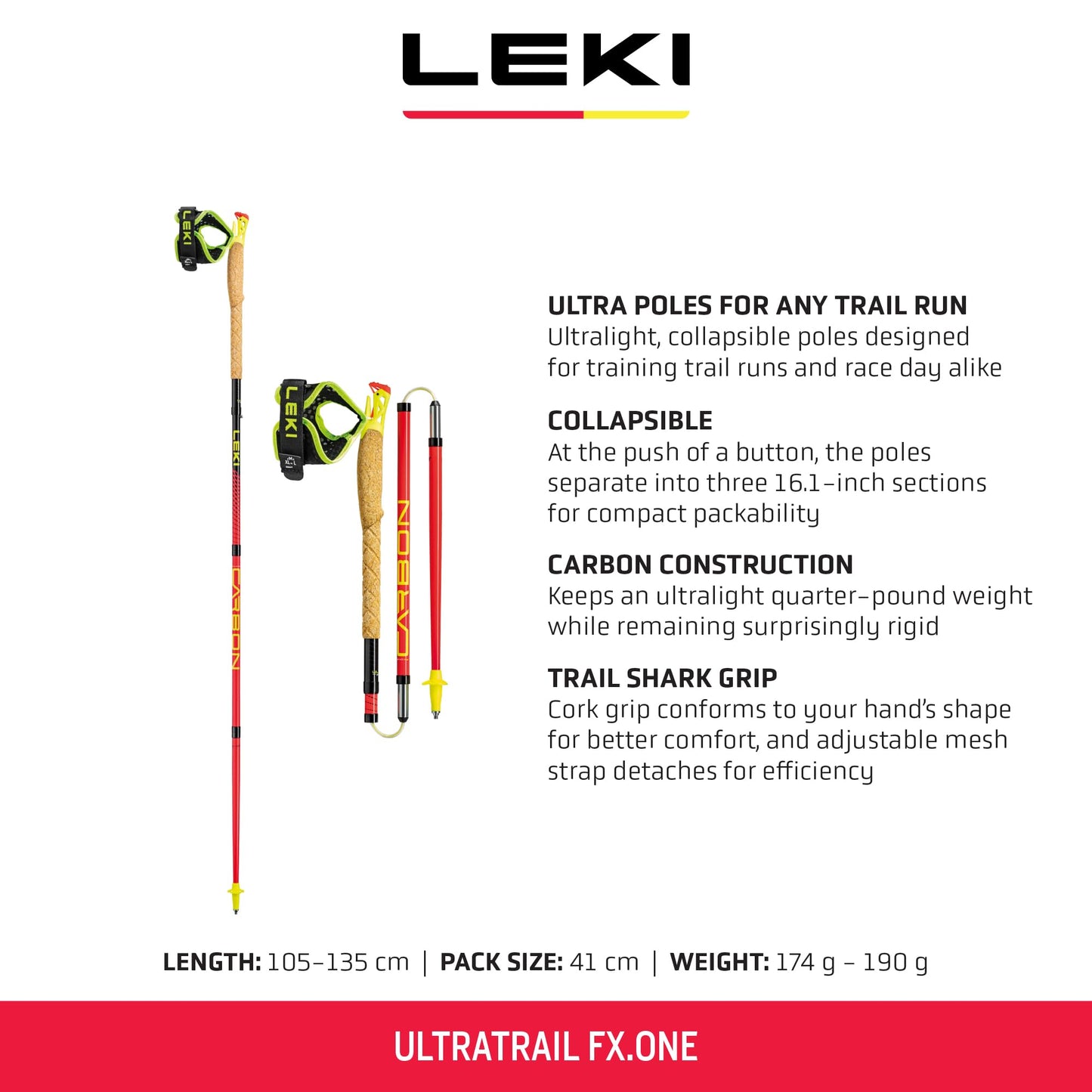 LEKI Ultratrail FX.One Carbon Collapsible Lightweight Trekking Poles for Hiking & Trail Running - Red-Black - 105 cm