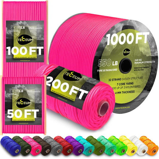 TECEUM Paracord Type III 550 Sofit Pink – 50 ft – 4mm – Tactical Rope MIL-SPEC – Outdoor Para Cord – Camping Hiking Fishing Gear – EDC Parachute Cord – Strong Survival Rope 315 nw