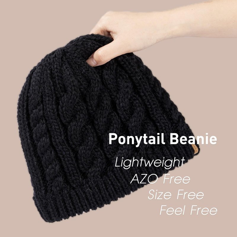 Merino Wool Blend Messy Bun High Ponytail Hole Knit Beanie Hat for Big Large Head Women Warm Winter Cap Fleece Lined Cozy Skull Girls Black