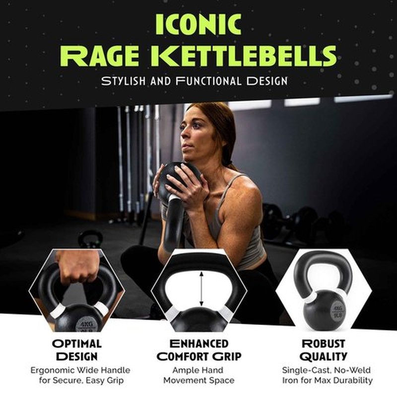 Rage Fitness Kettlebells, Single-cast Iron, No-welded Joints, Wide Handle, Strength Training Kettlebells, Cast Iron Kettlebell Set, Powder Coated Kettlebell Weights For Maximum Durability, Men & Women