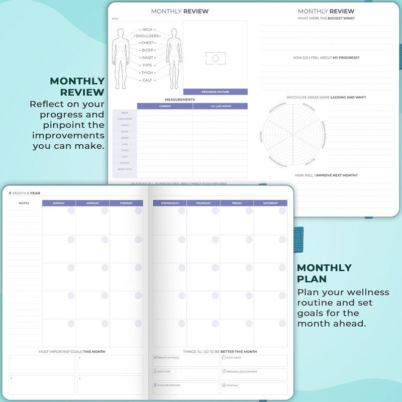 Fitness & Food Journal - Nutrition & Workout Planner for Men & Women | A5 Hardcover, Undated, Aquamarine