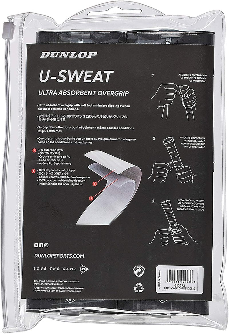 Dunlop Sports U Sweat Overgrip, 12 Grip Bag, Black