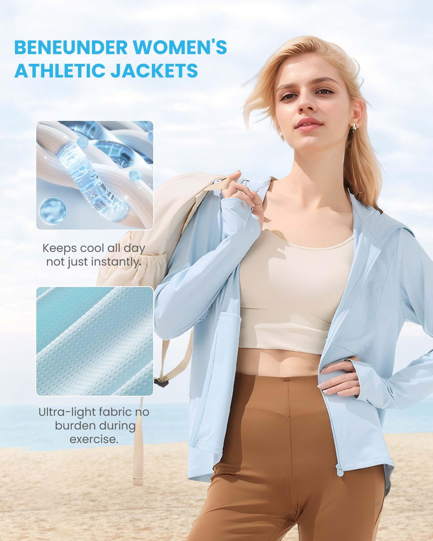 BENEUNDER Cooling Women's UPF 50+ Sun Protection Lightweight Hoodie Jacket Long Sleeve Active Sun Shirts for Outdoor Workout