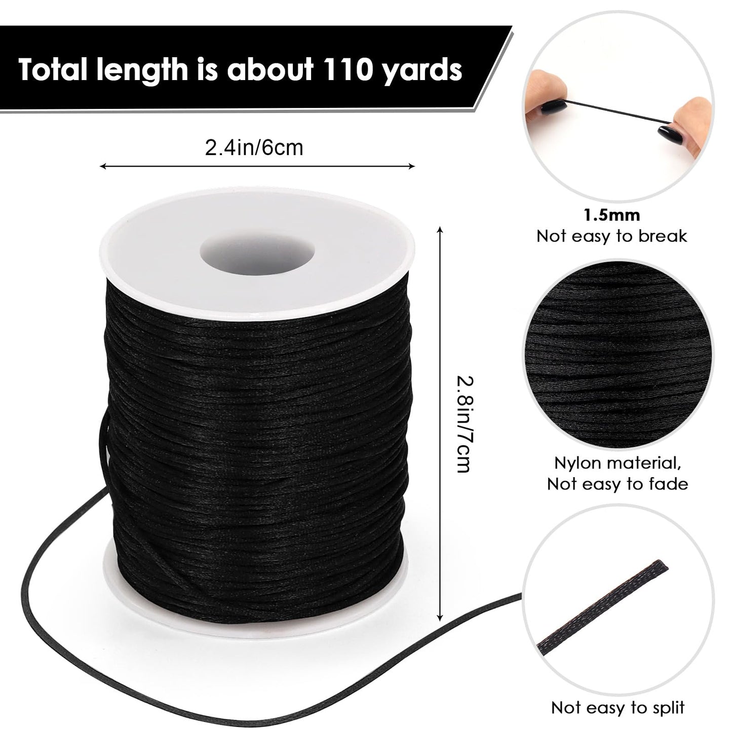 1.5MM 110 Yards Black Nylon Cord, Wind Chime Cord for Bracelet Necklace Jewelry Making, Nylon Satin String, Jewelry Thread Beading String for Crafts, Chinese Knotting