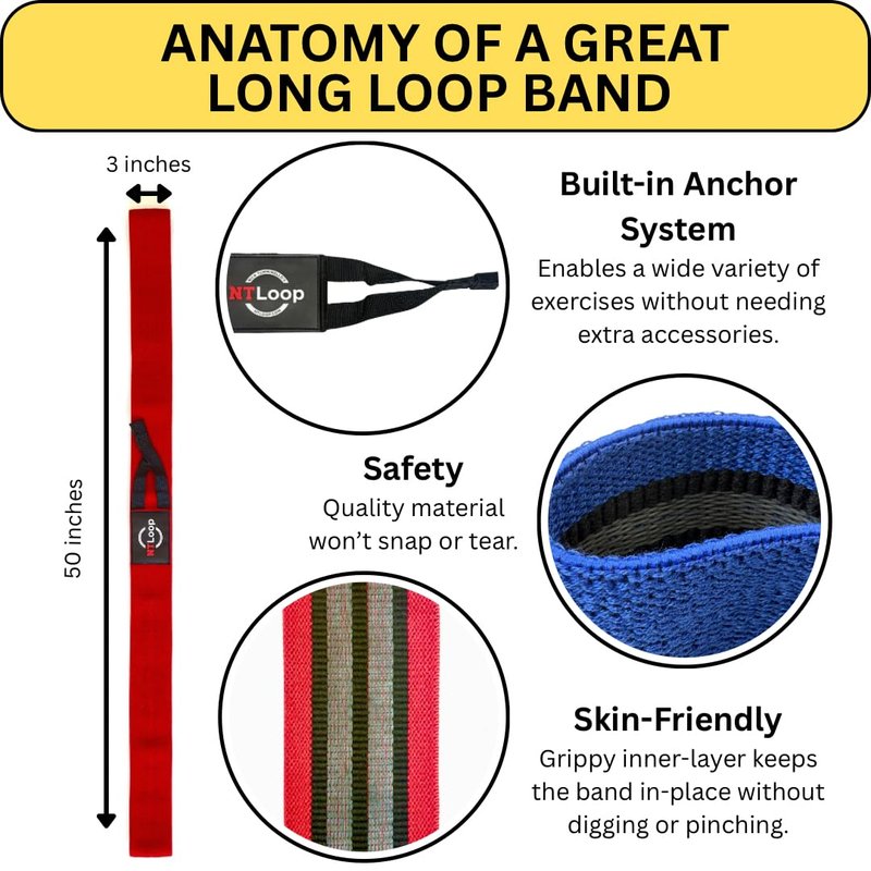 NT Loop Long Fabric Resistance Band with Door Anchor - Full Body Resistance Band for Working Out and Physical Therapy - Medium Strength Exercise Band