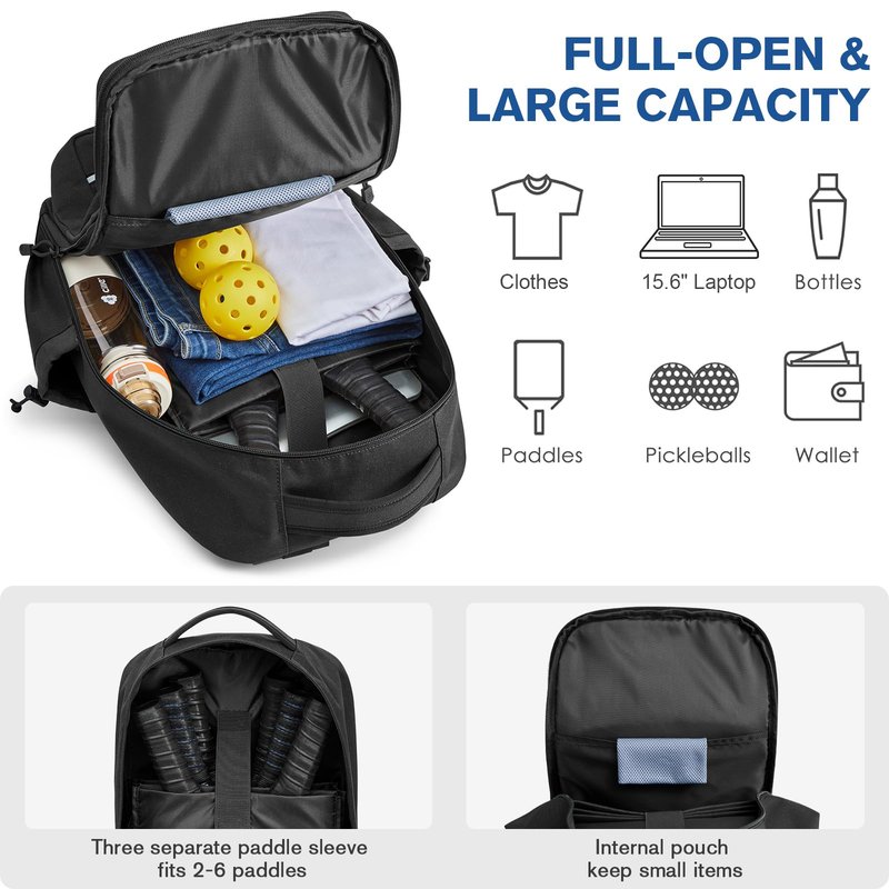 G4Free Pickleball Bag Fits 2 to 6 Paddles, Large Pickleball Backpack with Fence Hook for Men and Women(Black)