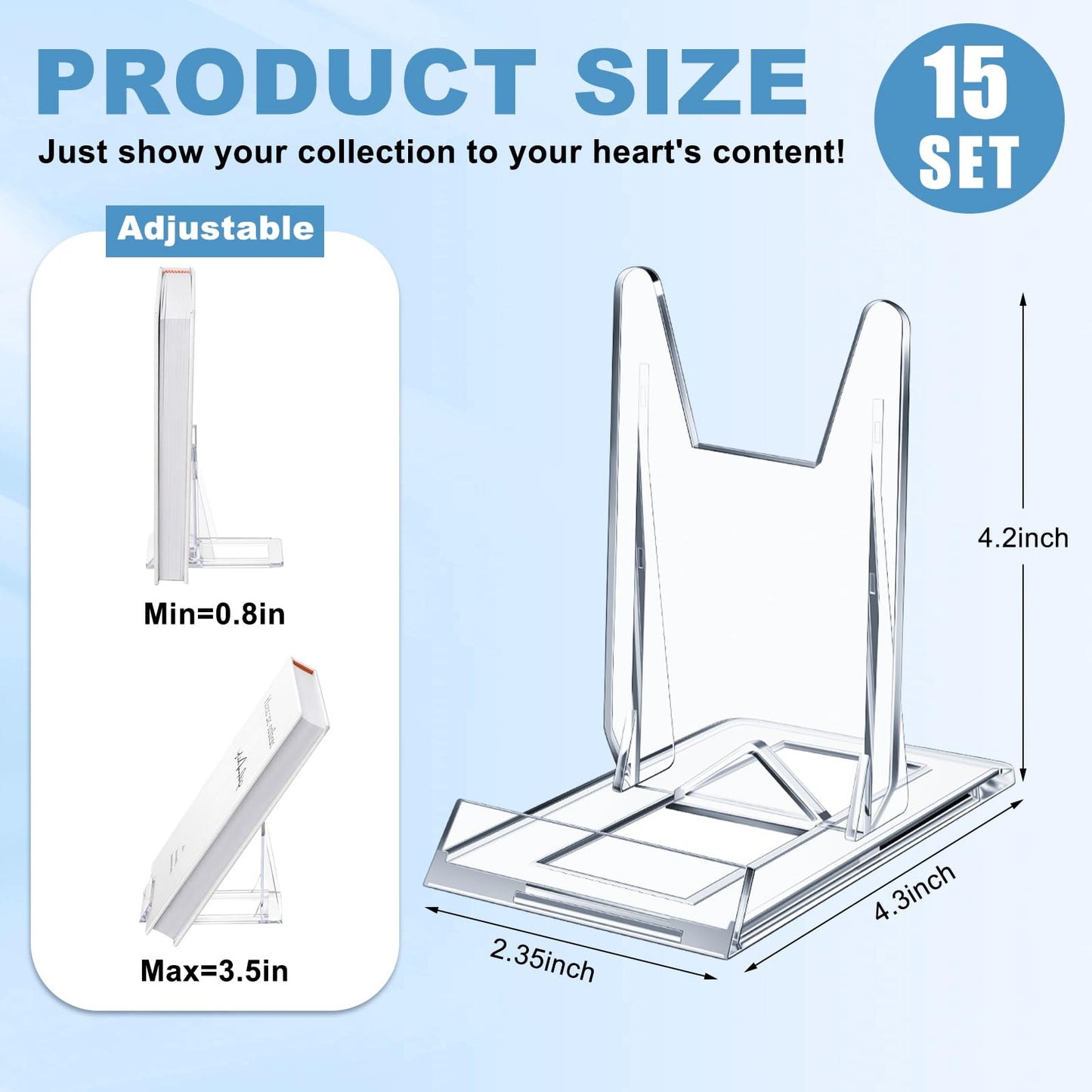 Hushee 15 Pack Acrylic Book Stand for Display Adjustable Clear Book Display Holder Easel Rack Stand for Home Office Back to School Library Bookshelf Comic Album CD Magazine Postcard Artworks