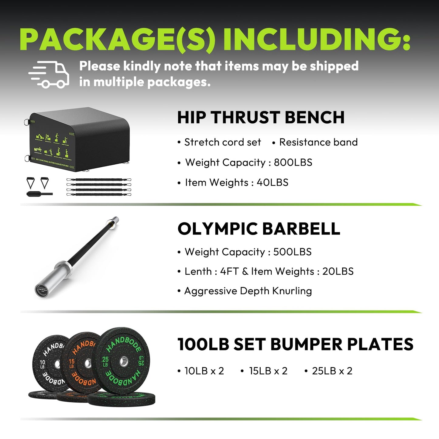 HANDBODE Hip Thrust Bench Included 6ft Barbell & 160lb Weight Plates