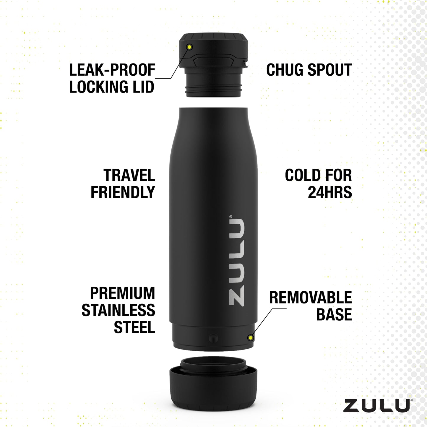 Zulu Ace 18oz Vacuum Insulated Stainless Steel Water Bottle with Chug Spout, Leak-Proof Locking Lid and Removable Base for School, Backpack, Sports, Gym, Travel, Ice Blue