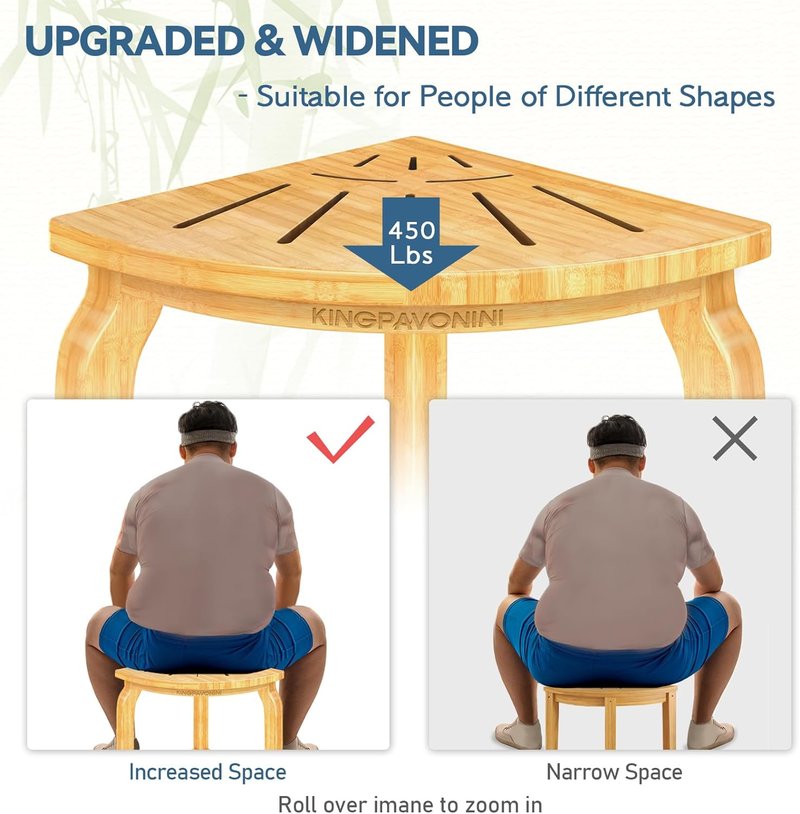 Bamboo Corner Shower Stool - Waterproof Bath Bench with Storage Shelf | Holds Up to 450 lbs