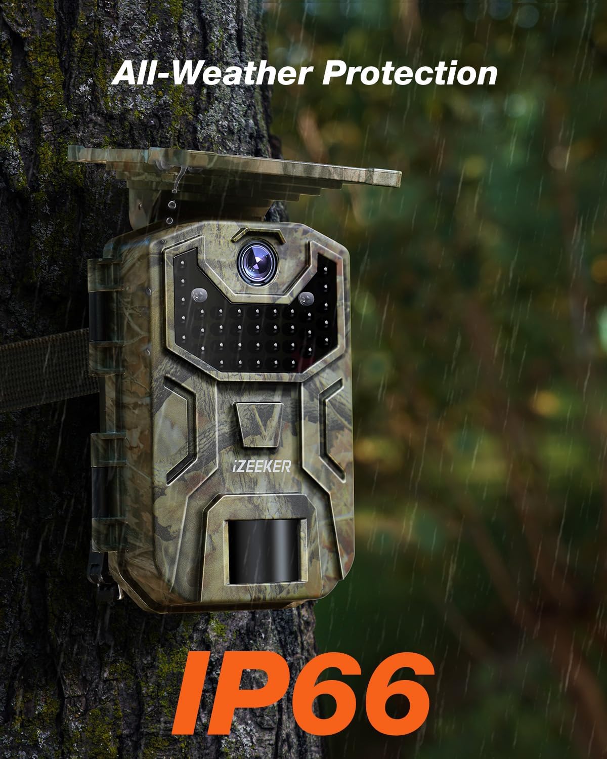 iZEEKER Solar Trail Camera with Night Vision Motion Activated 4K 30fps 48MP, Game Camera, No WiFi, High Capacity Lithium Battery Deer Camera IP66 Waterproof, Wildlife Monitoring Outdoor Security