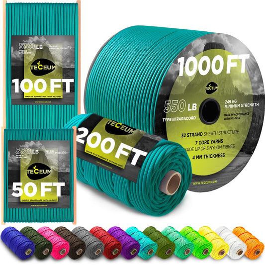 TECEUM Paracord Type III 550 Green Wave – 50 ft – 4mm – Tactical Rope MIL-SPEC – Outdoor para Cord – Camping Hiking Fishing Gear – EDC Parachute Cord – Strong Survival Rope 460 nw