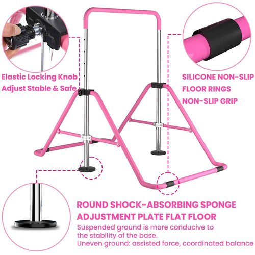 WATBKHE Gymnastics Bar for Kids Age 3-7 Years Old, Gymnastic Equipment for Kids Home, Adjustable & Folding Gymnastic Training Bar for Hanging, Pull Up, Tumbling Workout for Girls Boys (Pink)