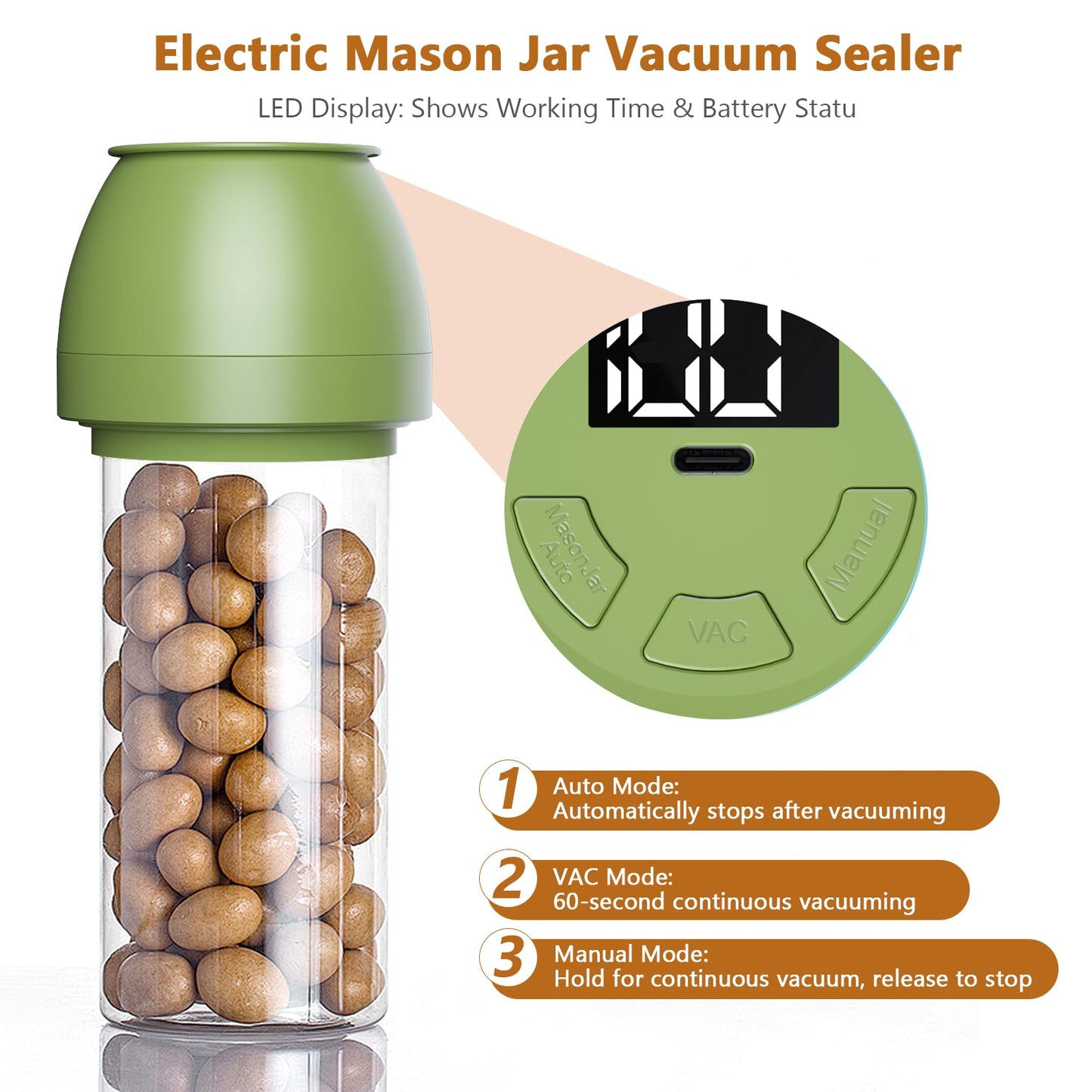 FUTUREZEN Electric Mason Jar Vacuum Sealer for Regular/Wide Mouth, Green