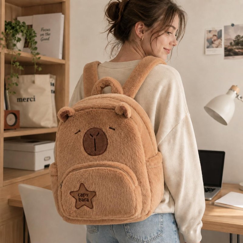 Capybara Plush Backpack, 11.8 Inch Kawaii Capibara Bag with Adjustable Straps, Soft Large Capacity Daypacks for Travel, Festival, Daily Outings, Gift for Teens Girls