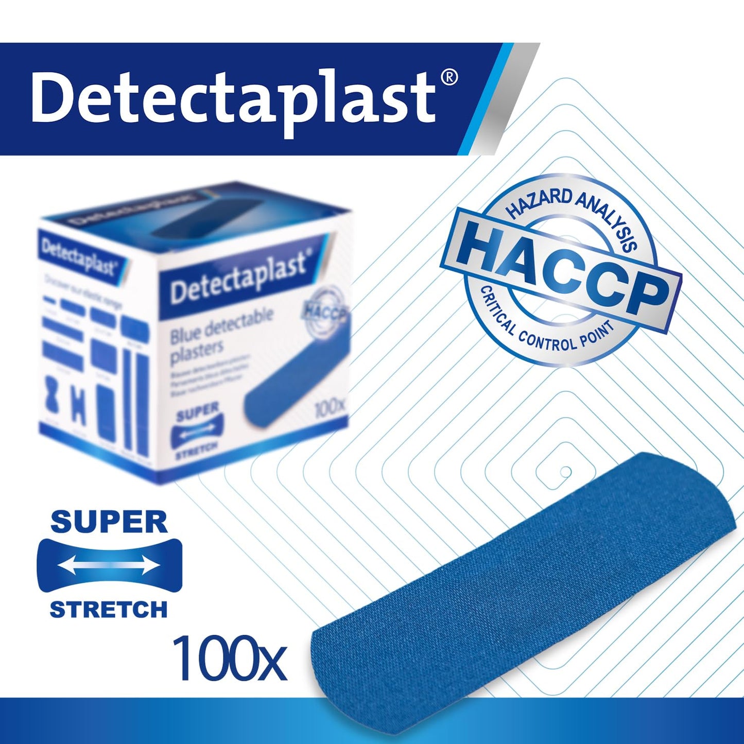 Detectaplast Blue bandaids Elastic, Metal detectable and Flexible bandaids, Essential for Catering First aid kit in Food handling environments, Kitchen aid, 0,98 x 2,83 inches, 100 Strips