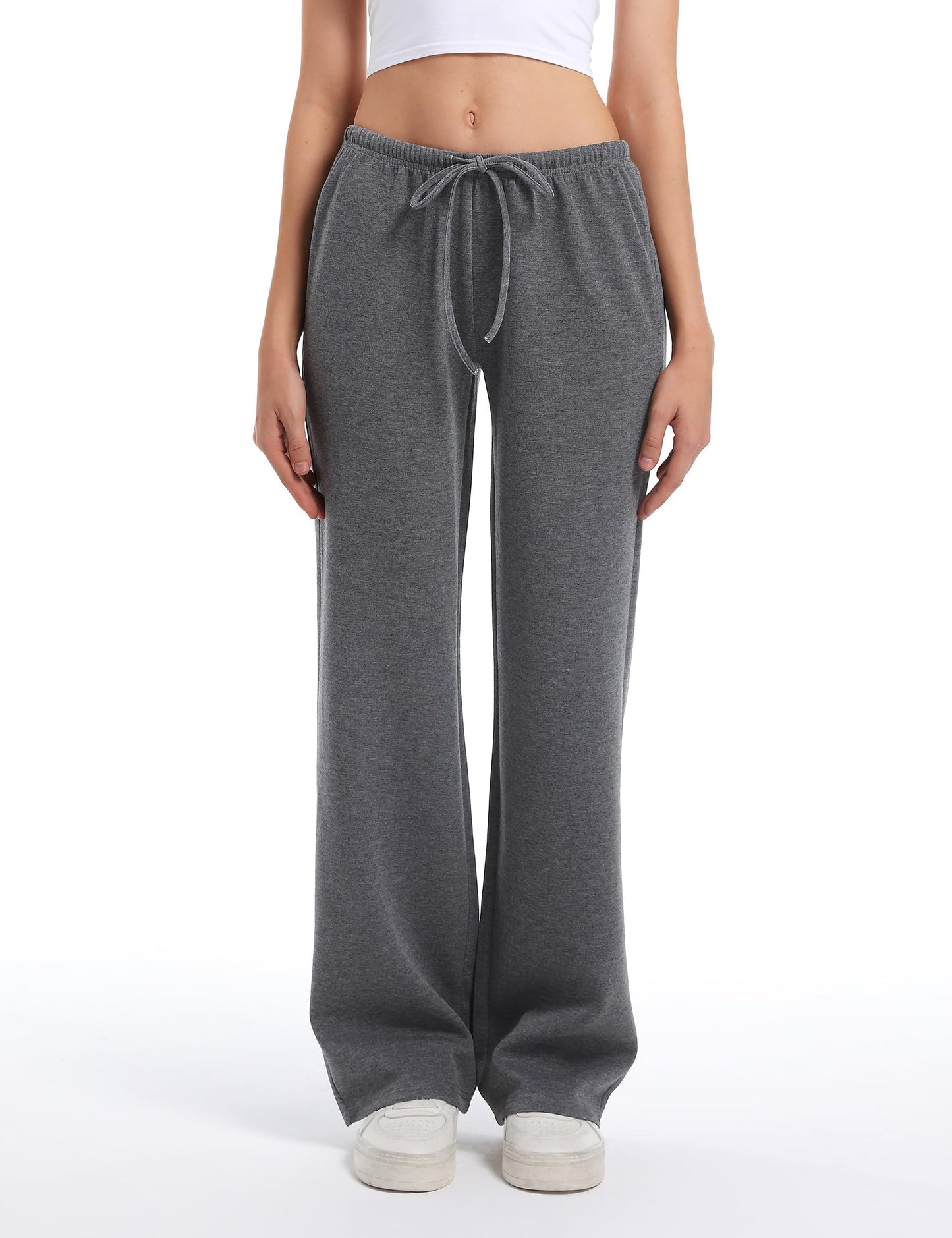 HeSaYep Women's Wide Leg Sweatpants Straight Leg Lowrise Sweat Pants Drawstring Elastic Low Waist Pants with Pockets, Dark Grey S
