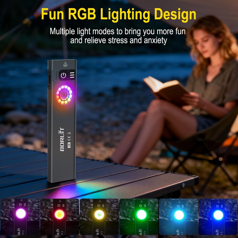 BORUIT U8 Small Flat EDC Flashlight, 650 Lumens USB-C Rechargeable Pocket Light with 100m Beam, White, Warm Yellow & RGB LEDs, IP67 Waterproof, Magnetic Tail & Clip for Camping, Work, Emergency
