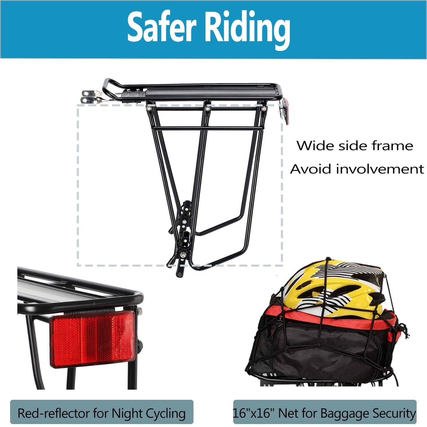 YONTUO Rear Bike Rack with Extra Long Shelf's Arms,Universal Bike Cargo Rack,Bicycle Pannier Rack with Reflector and Cargo Net,Touring Carrier Rack fit 26”-29” and 700c,BCR03