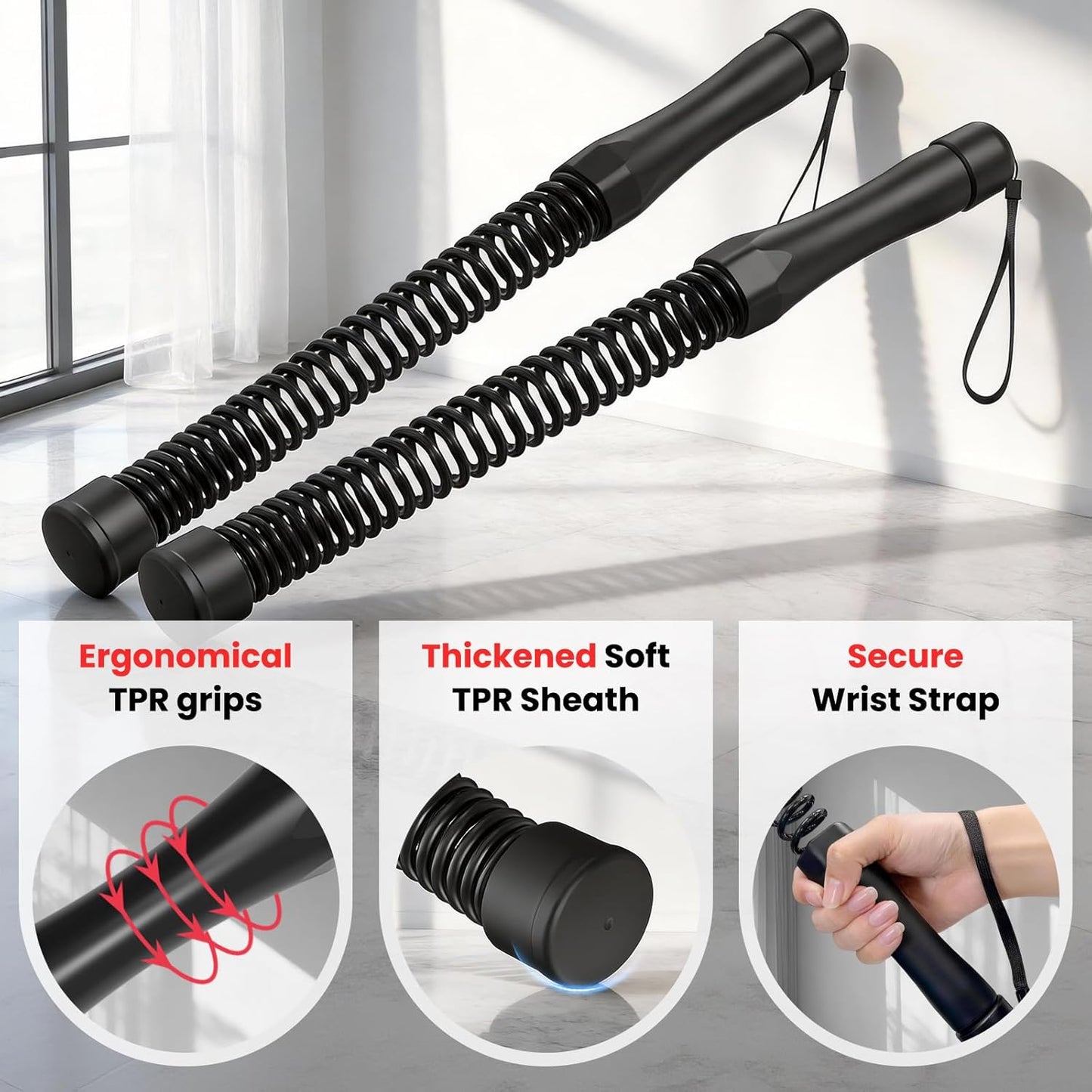 2-in-1 Cordless Battle Ropes - Ropeless Portable Home Gym Equipment for Men & Women | Black