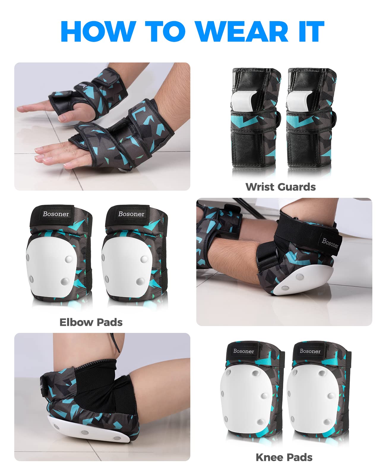 BOSONER Adult/Women/Kid Knee Pads Elbow pads Wrist Guard 6 in 1 Protective Gear Set for Skating Skate Skateboarding BMX Bicycle Inline Roller for Men Women Child Kids