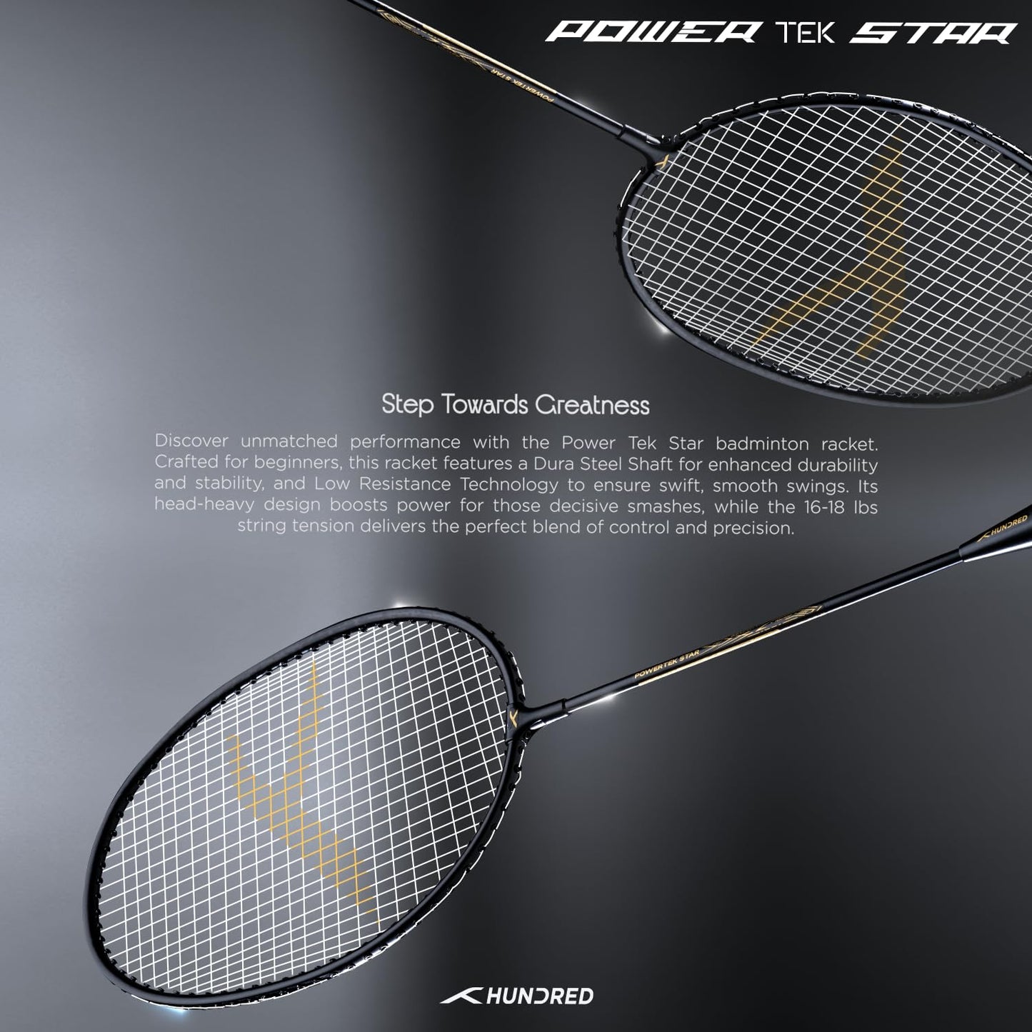 Hundred Powertek Star Badminton Racket Set of 2, Black, Pre-Strung Racquets with Full Cover and 2 Nylon Shuttlecocks, Lightweight and Durable for Beginners and Recreational Play