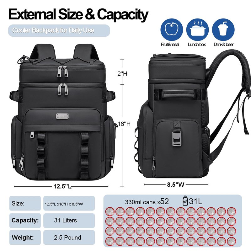 Weitars Insulated Cooler Backpack,Double Deck Waterproof Soft Cooler Bag,Backpack Coolers Leak Proof Lunch Backpack for Men Women for Travel,Camping,Picnic,Beach,Picnic,Outdoor 31L/52 Can (Black)