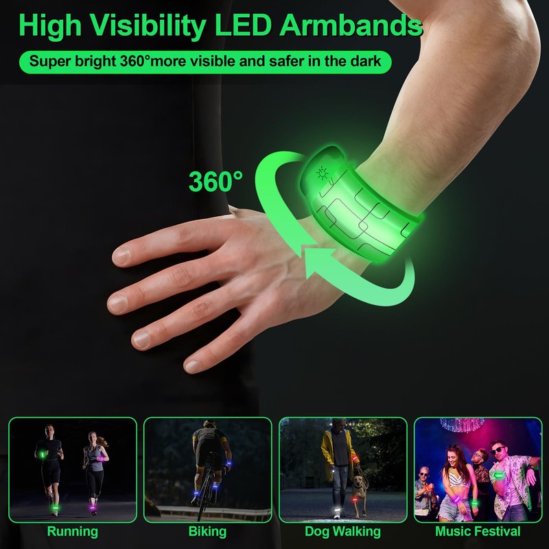 LED Armband Rechargeable for Night Running Walking(2 Pack), High Visibility LED Slap Armband Reflective Running Gear, 6 Colors & 3 Modes Adjustable Light Up Armbands for Men Women Kids (Green)
