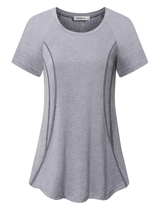 MOQIVGI Gym Shirts for Women Short Sleeve Workout Tops Loose Fit Casual Summer Essential Running Jogging Yoga Exercise Fitness Apparel Grey Large