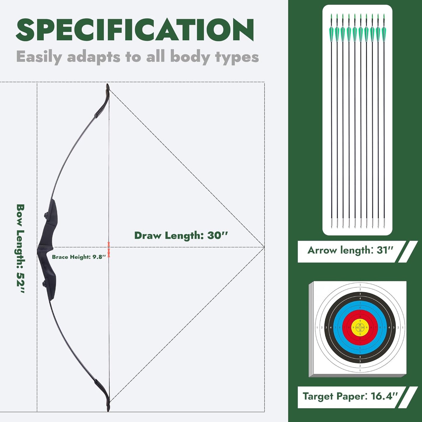 Recurve Bow and Arrow Set for Adults - Takedown Archery Kit for Beginners | Left & Right Handed, 20/30/40lbs