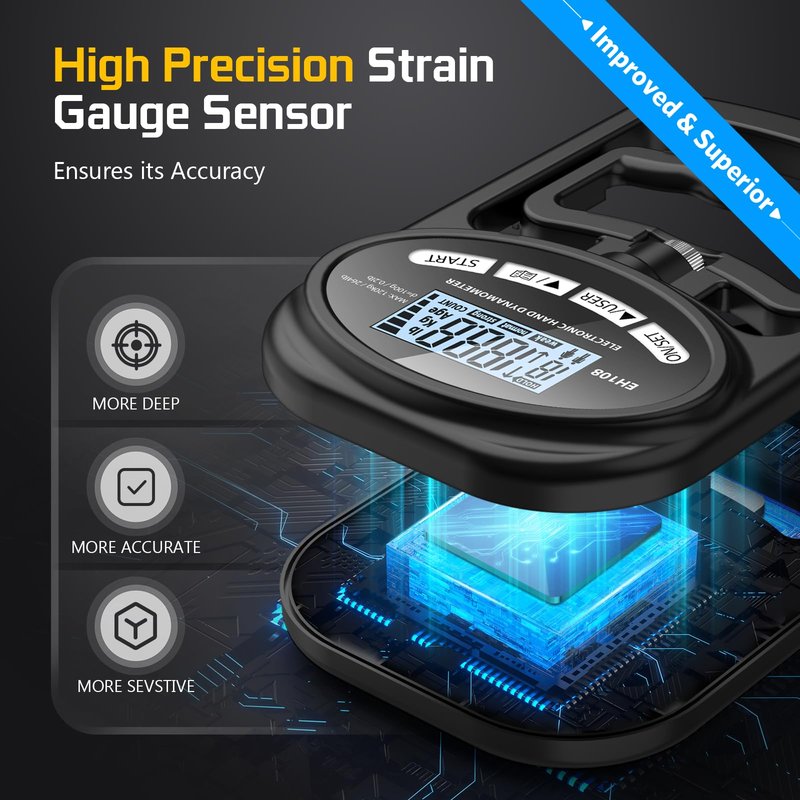 Grip Strength Tester & Trainer - Digital Hand Dynamometer, Adjustable Forearm Strengthener up to 265lbs /120kg, Handheld Gauge Meter for Sports Training, School & Home Use