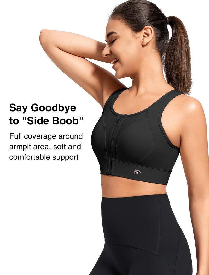 Yvette High Impact Support Sports Bras for Women Zip Front Closure Sports Bra Plus Size Supportive Mold Cups Running Workout,Black,3XL+