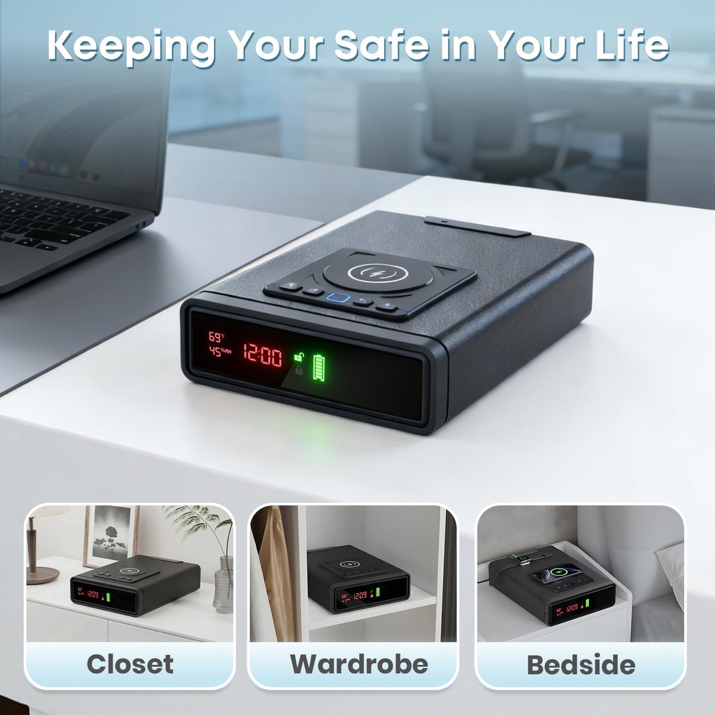 Biometric Fingerprint Gun Safe with Phone & Watch Wireless Charging, 3 Quick Access, Clock Handgun Safe with Adjustable Brightness, Backlit Keypad, Pistol safe for home, office.