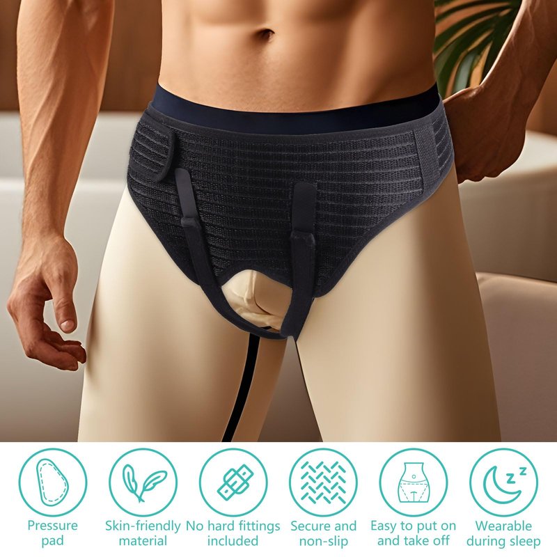 GRLEAYIE Hernia Belt for Men Inguinal, Groin Support Brace with 4 Removable Silicone Compression Pads, Bilateral Hernia Truss for Pre/Post Surgery Pain Relief, Adjustable Waist Guard with Breathable Fabric & Skin-Friendly Lining, Easy to Wear, M