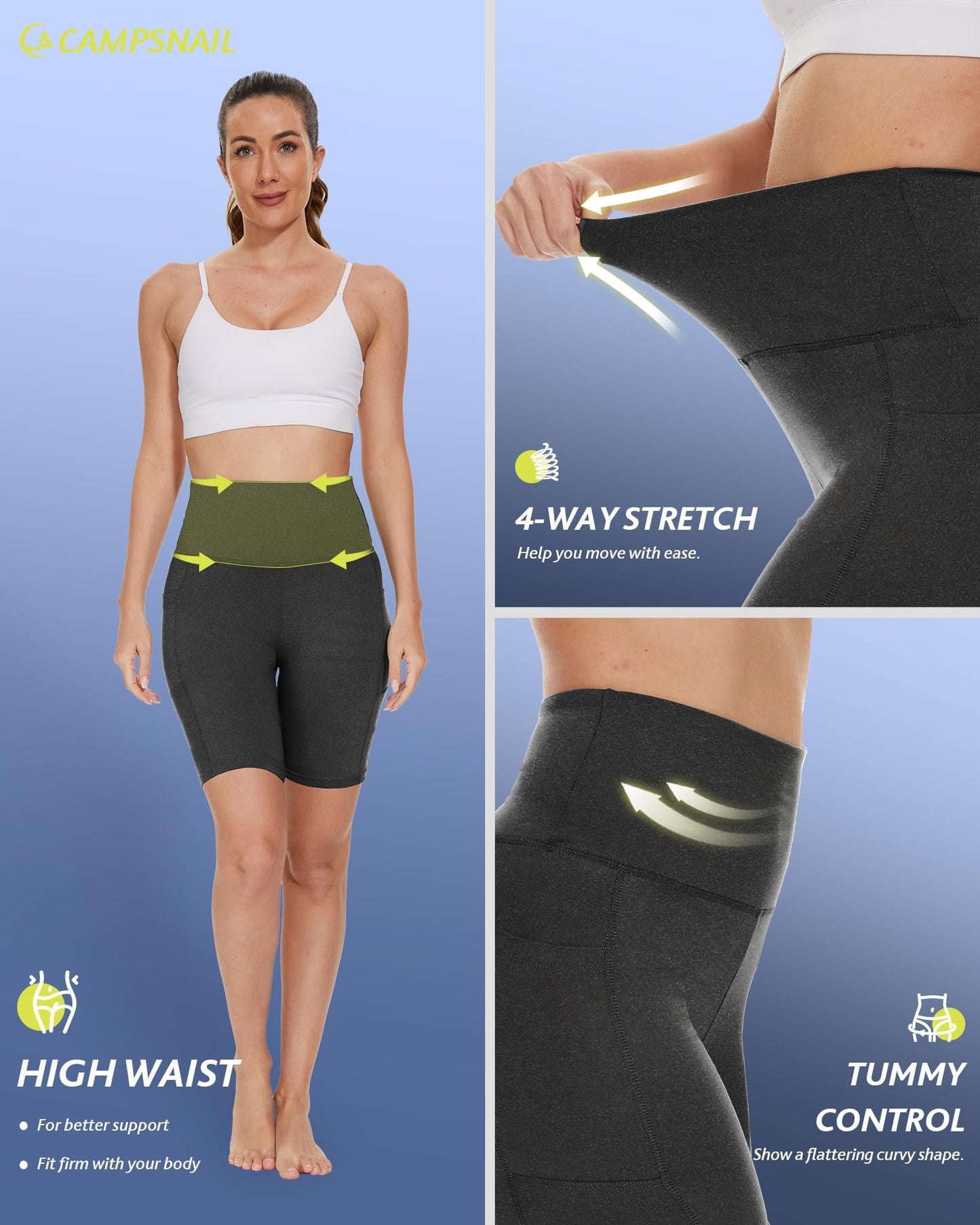 CAMPSNAIL Biker Shorts Women with Pockets - 3"/5"/8" High Waisted Workout Spandex Tummy Control Gym Running Yoga Shorts Dark Grey-Heather