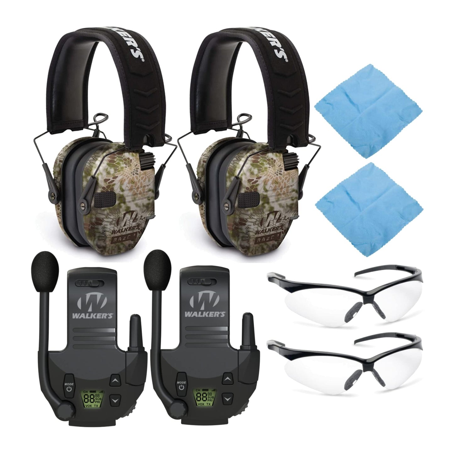 Walker's Razor Slim Electronic Muff (Kryptek Camo, 2-Pack) Bundle with Tactical/Hunting Walkie Talkie (2-Pack), Sport Shooting Glasses (2-Pack), Microfiber Cleaning Cloth (2-Pack) (8 Items)