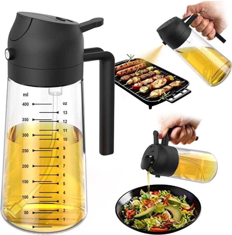 16oz Glass Olive Oil Sprayer - 2-in-1 Dispenser for Cooking, BBQ & Salad | Black