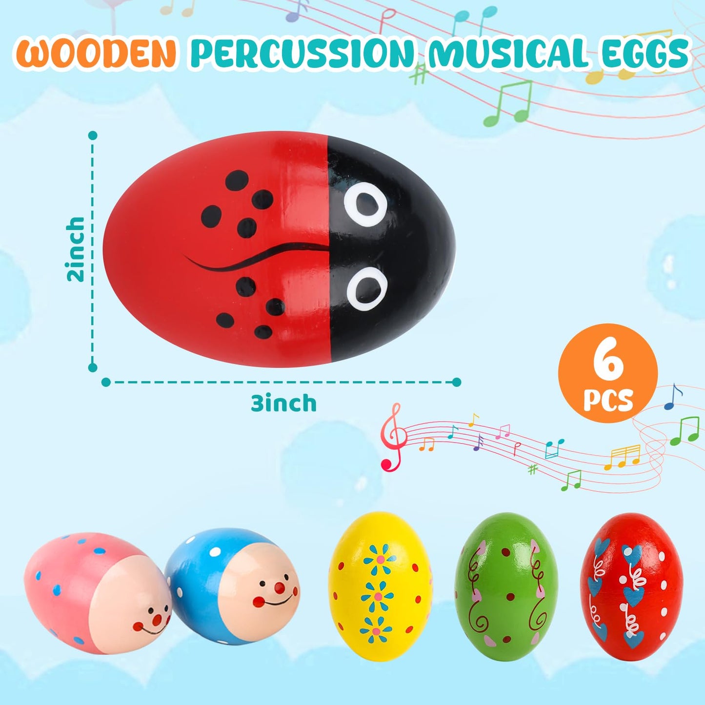 SallyFashion 6PCS Egg Shakers Musical Instruments for Babies, Wooden Maracas for Kids Hand Percussion Musical Eggs Easter Basket Stuffers Party Favors