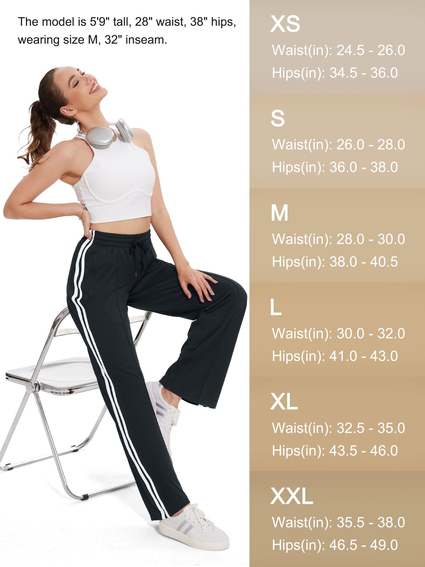 Tapata Extra Tall Woman 36" Inseam Stripes Sweat Pant High Waisted Drawstring Gym Exercise Lounge Joggers, Black, S