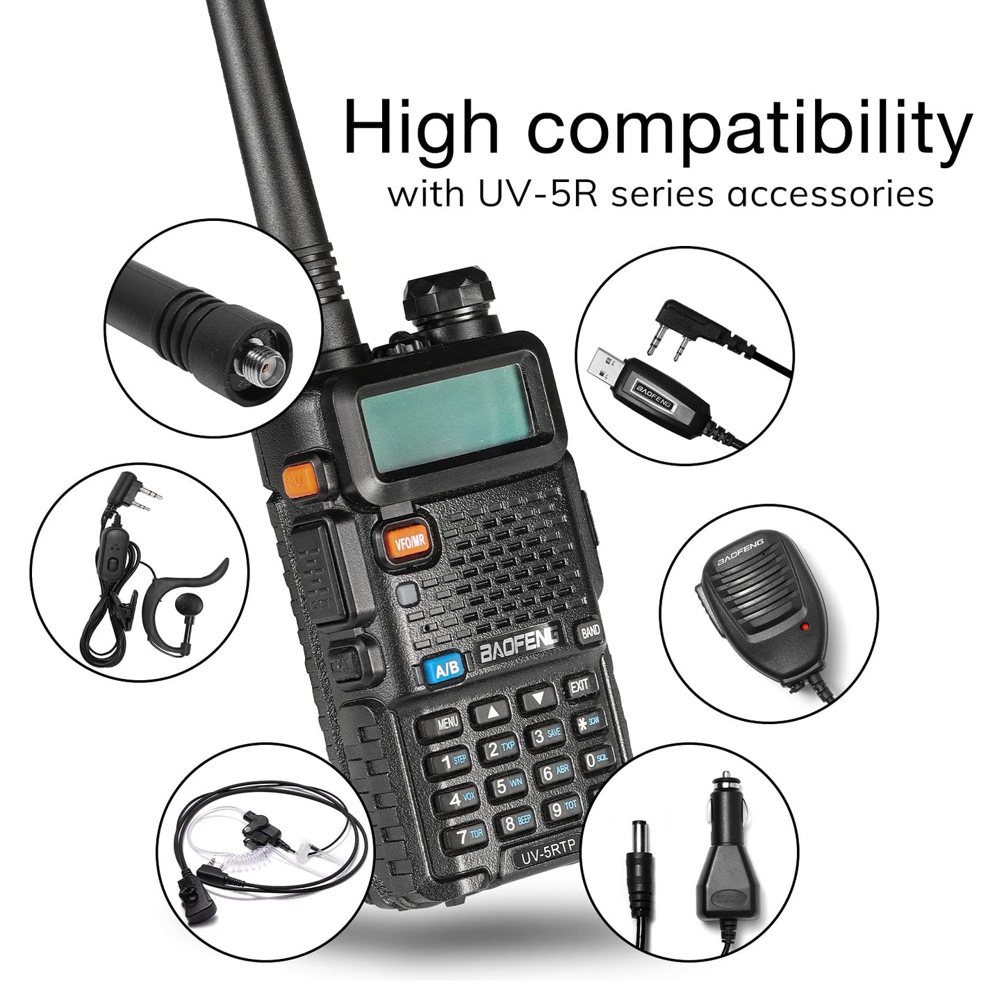 Baofeng UV-5R 8W Dual Band Two Way Radio, UV-5RTP Ham Radio Handheld with Earpiece, 1800mAh Battery, Desktop Charger, 128CH, Support VOX, Chirp Programming, Black