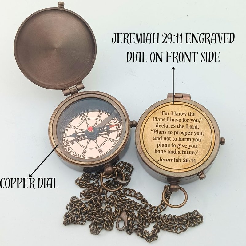 DAYOL'X Jeremiah 29:11Religious Gifts for Men, Baptism Gift for Teenage Boys, Christian, Catholic, Communion, Confirmation, First Communion Gifts for Boys, Compass, Brass & Brown Antique