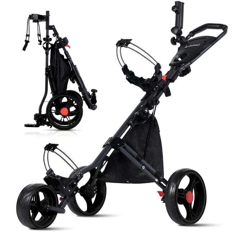 Lakehood 3 Wheel Golf Push Cart & Golf Bag Cart - Easy Fold/Unfold, Smooth Golf Push Pull Cart, One-Tap Brake, Push Golf cart Perfect for Golf Enthusiasts & Professionals (Black)