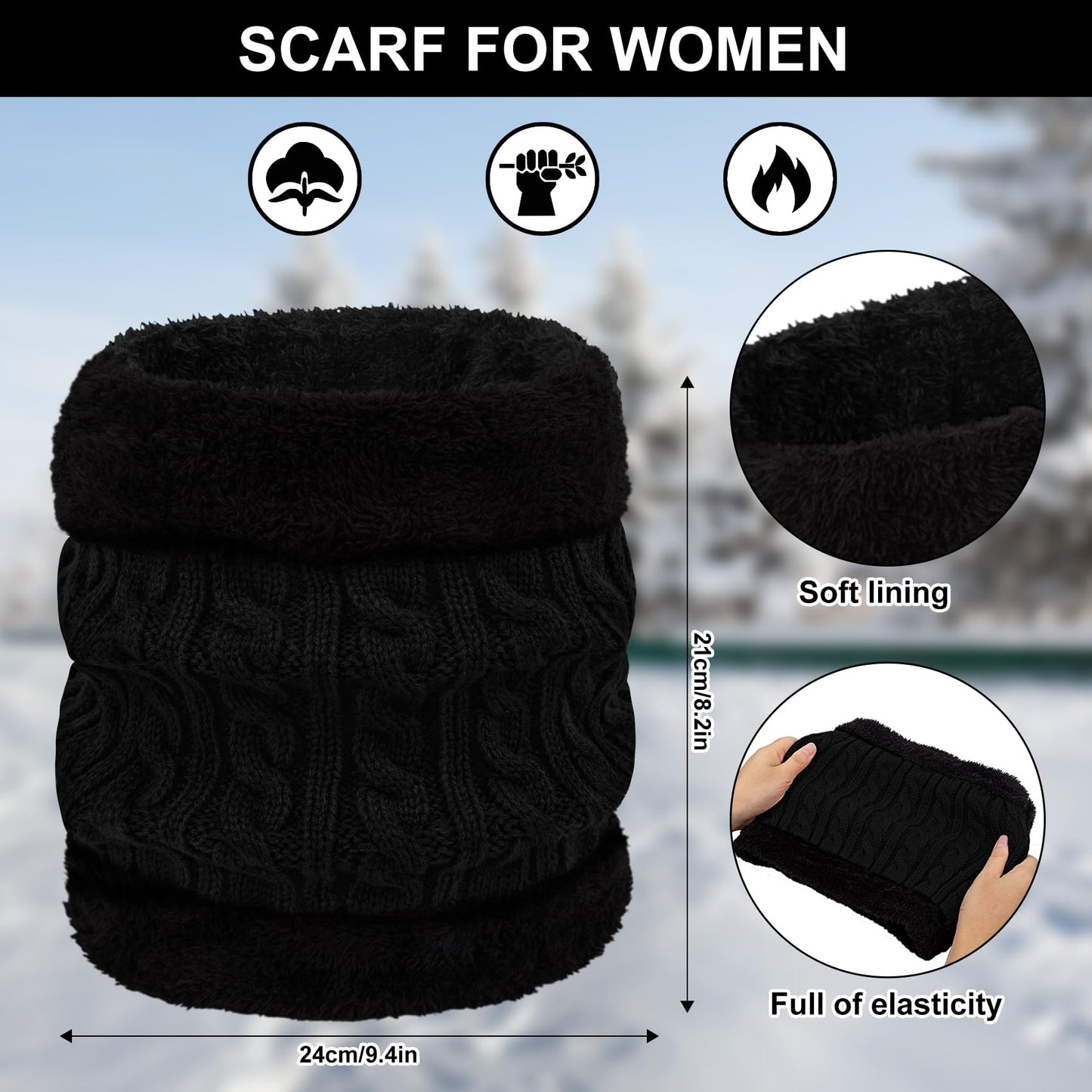 3Pcs Winter Beanie Hat Scarf Gloves Set for Women Thick Warm Knit Fleece Lined Skull Cap Neck Warmer Touch Screen Gloves Black