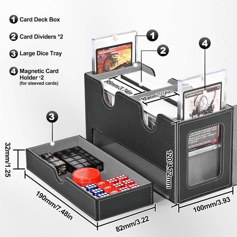 Card Deck Box for MTG - Double Storage Organizer with 2 Commander Displays & 1 Dice Tray | Fits 200+ Double Sleeved Cards (Black Gray)