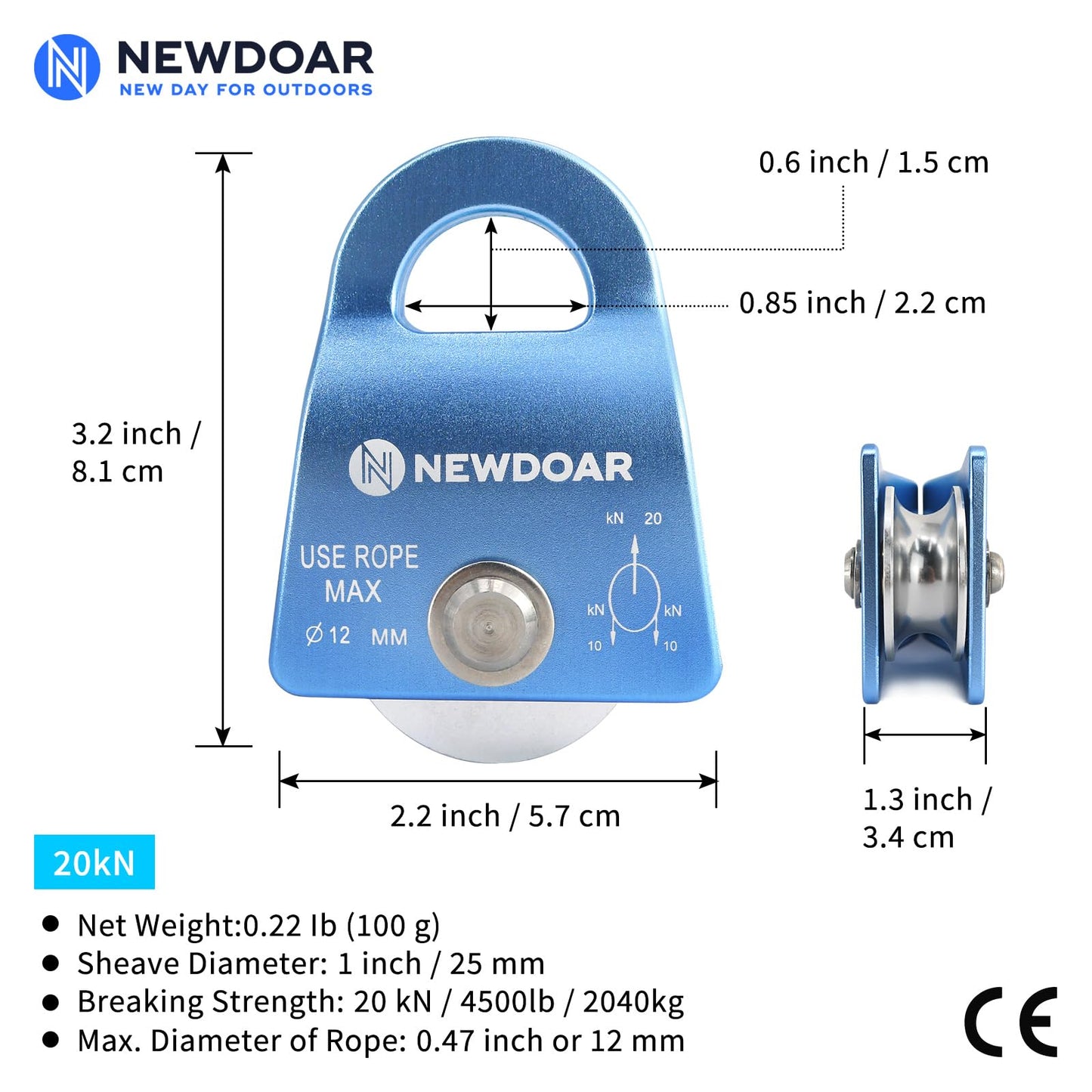 NewDoar Micro Mobile Single Pulley,20kN(4500 lb) Max Rope 1/2in for Rigging Arborist Climbing Rescue,CE Certified(20KN Blue 2pcs)